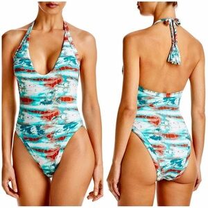 NEW Isabella Rose Under One Sky One-Piece Swimsuit Halter Tie Neck Teal Rust | S